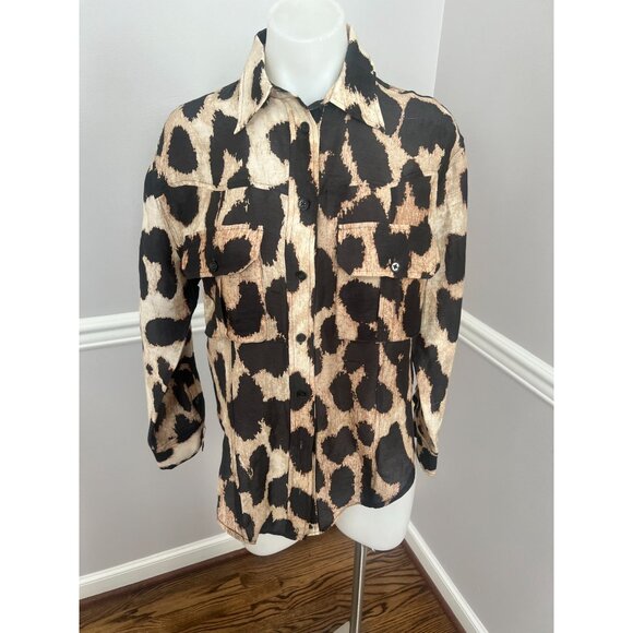 GANNI Silk Linen Leopard Print Shirt + Matching Shorts SET Size 32 XS - Picture 3 of 13